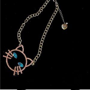 Kitty Cat Pink Rhinestone Gold Chain Necklace Unique Design Adjustable